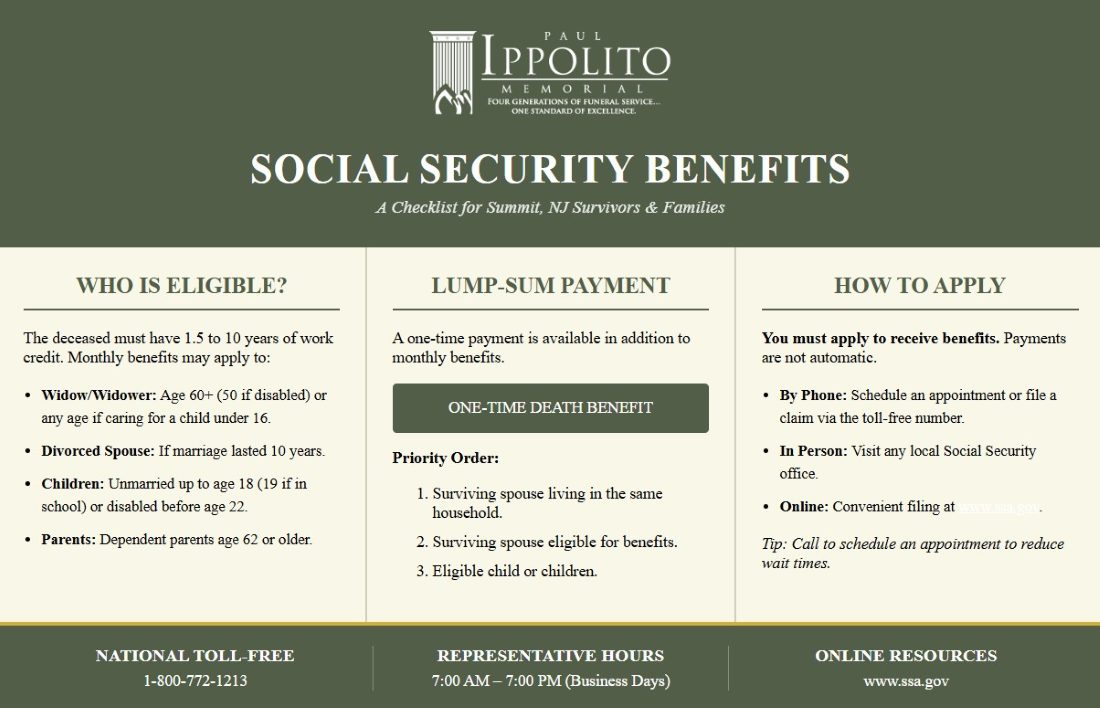 Informational guide on Social Security benefits eligibility and application steps, shared by a Summit, NJ funeral home and cremations provider.